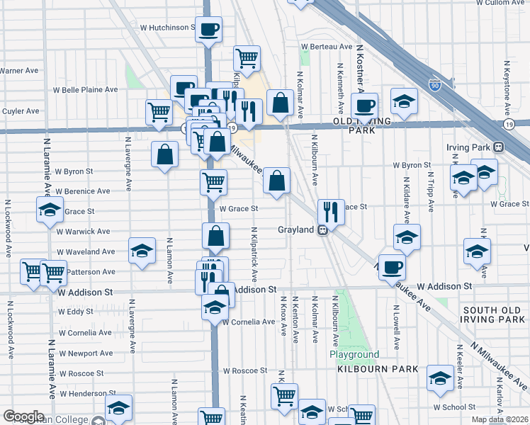 map of restaurants, bars, coffee shops, grocery stores, and more near 4633 West Grace Street in Chicago