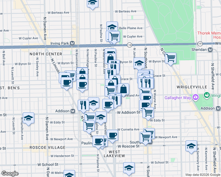 map of restaurants, bars, coffee shops, grocery stores, and more near 1600 West Waveland Avenue in Chicago