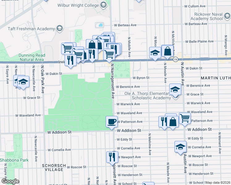 map of restaurants, bars, coffee shops, grocery stores, and more near 3751 North Narragansett Avenue in Chicago