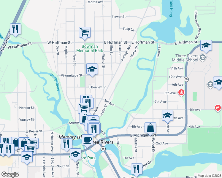 map of restaurants, bars, coffee shops, grocery stores, and more near 104 5th Avenue in Three Rivers