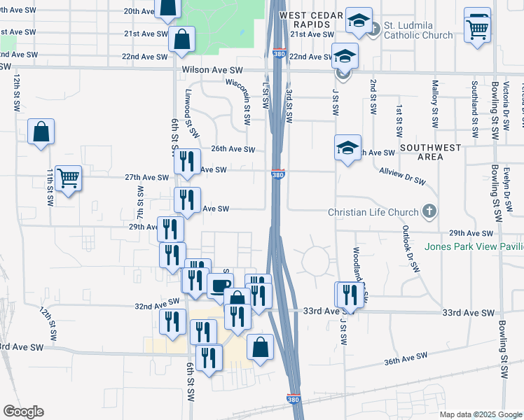 map of restaurants, bars, coffee shops, grocery stores, and more near 331 28th Avenue Southwest in Cedar Rapids