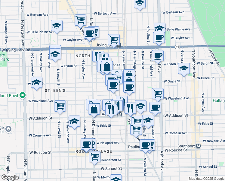 map of restaurants, bars, coffee shops, grocery stores, and more near 1900 West Waveland Avenue in Chicago
