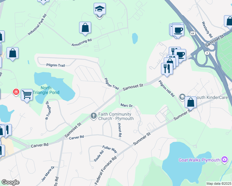 map of restaurants, bars, coffee shops, grocery stores, and more near 198 Samoset Street in Plymouth
