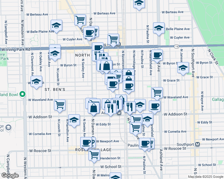 map of restaurants, bars, coffee shops, grocery stores, and more near 1900 West Waveland Avenue in Chicago