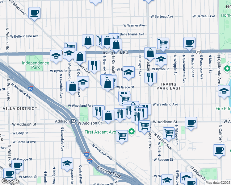 map of restaurants, bars, coffee shops, grocery stores, and more near 3716 North Kimball Avenue in Chicago