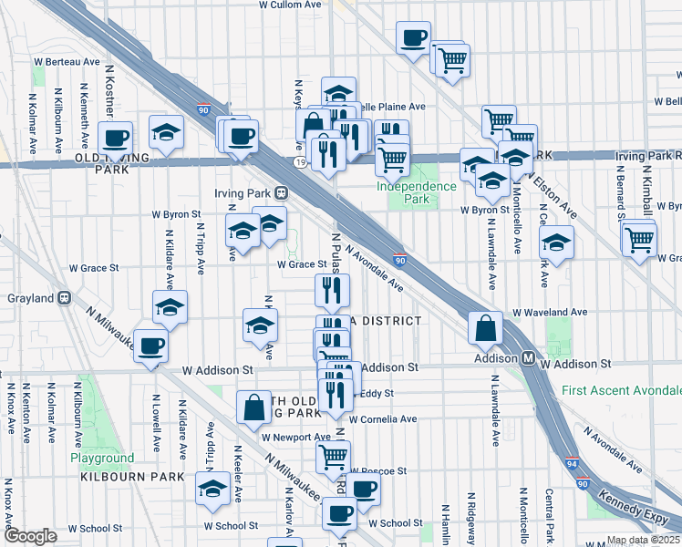 map of restaurants, bars, coffee shops, grocery stores, and more near 3721 North Pulaski Road in Chicago