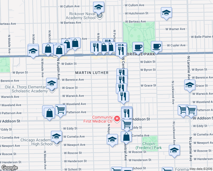 map of restaurants, bars, coffee shops, grocery stores, and more near 5700 West Grace Street in Chicago