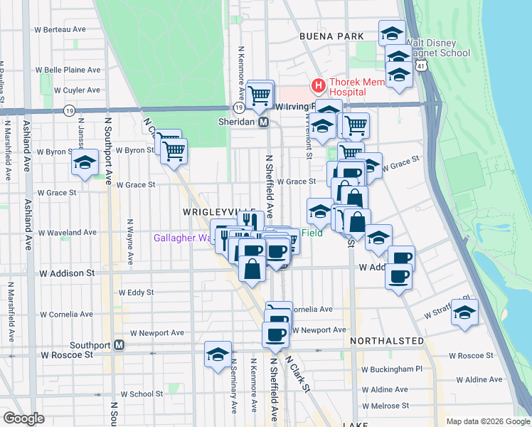 map of restaurants, bars, coffee shops, grocery stores, and more near 3720 North Sheffield Avenue in Chicago