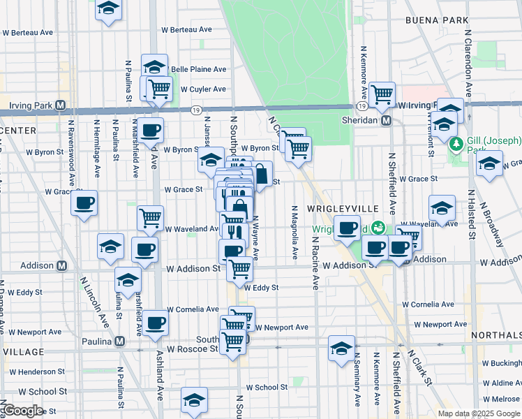 map of restaurants, bars, coffee shops, grocery stores, and more near 3727 North Wayne Avenue in Chicago