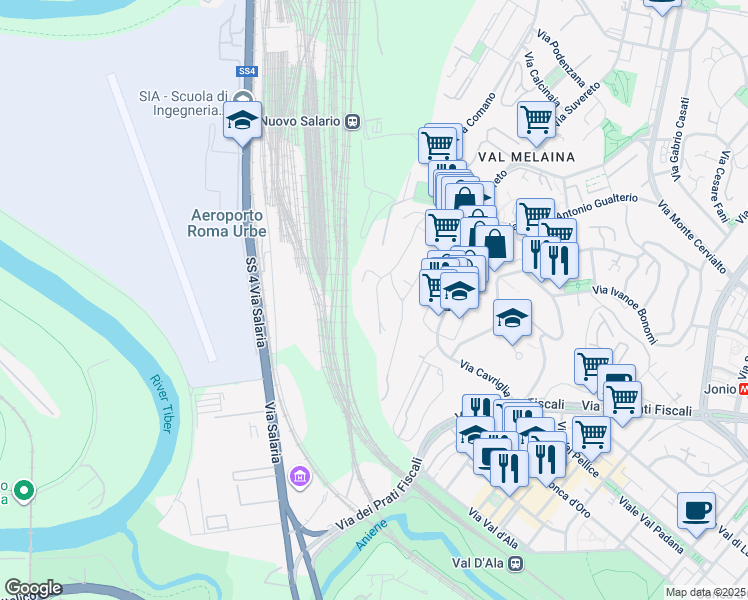 map of restaurants, bars, coffee shops, grocery stores, and more near 61-63 Via Chiusi in Rome