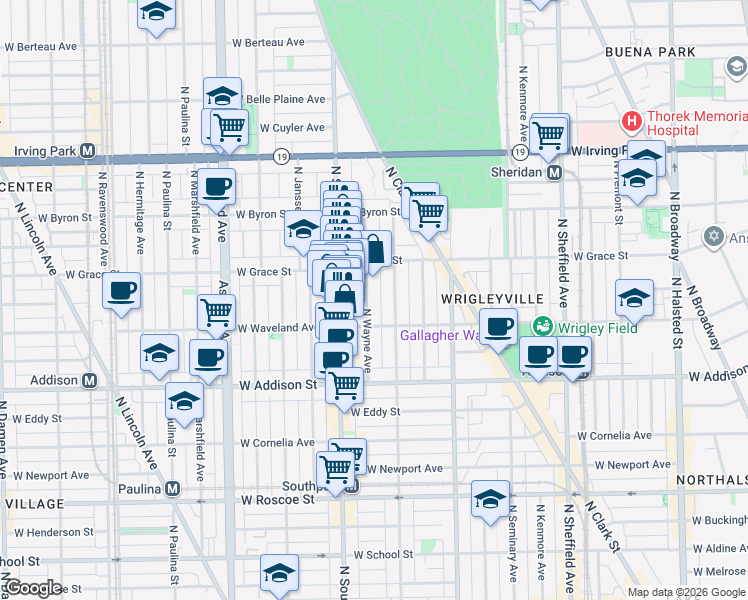 map of restaurants, bars, coffee shops, grocery stores, and more near 3727 North Wayne Avenue in Chicago