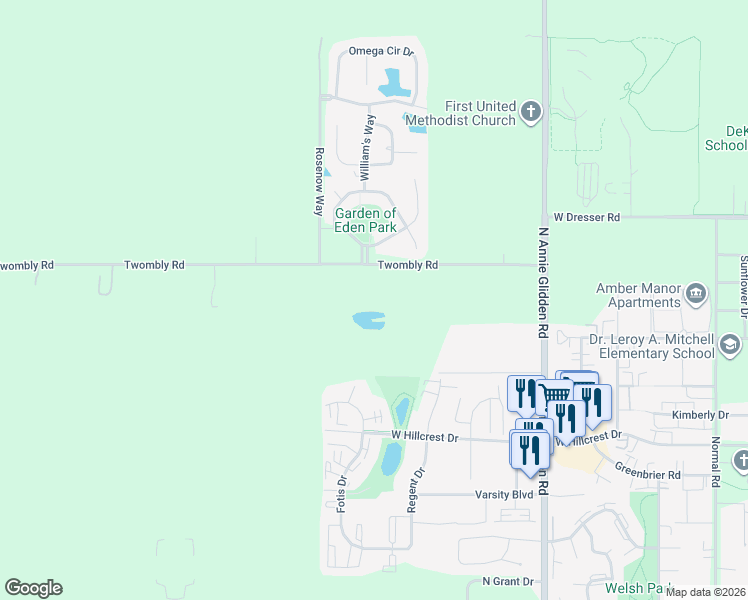 map of restaurants, bars, coffee shops, grocery stores, and more near 1400 Twombly Road in DeKalb