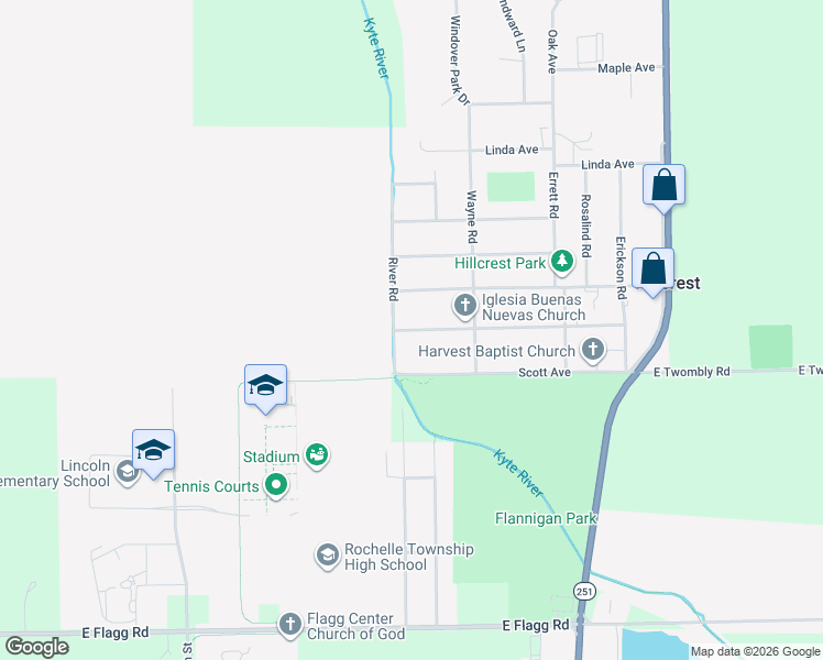 map of restaurants, bars, coffee shops, grocery stores, and more near 414 Hillcrest Avenue in Rochelle