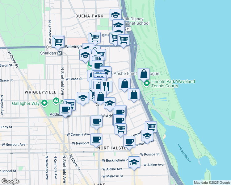 map of restaurants, bars, coffee shops, grocery stores, and more near 3700 North Pine Grove Avenue in Chicago