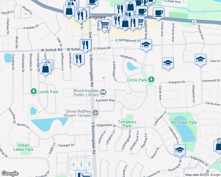 map of restaurants, bars, coffee shops, grocery stores, and more near 179 South Bloomingdale Road in Bloomingdale