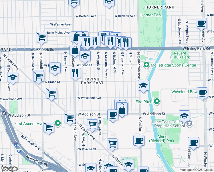 map of restaurants, bars, coffee shops, grocery stores, and more near 9511 Technology Boulevard in Rosemont