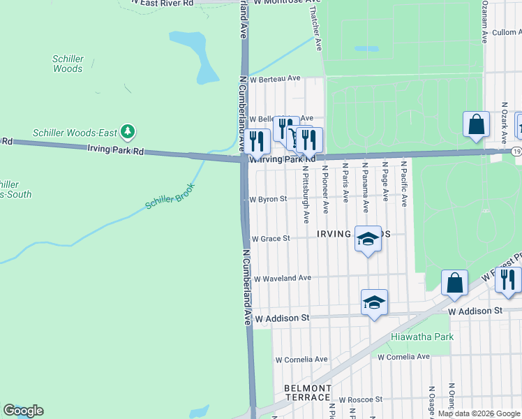 map of restaurants, bars, coffee shops, grocery stores, and more near 3904 North Pontiac Avenue in Chicago