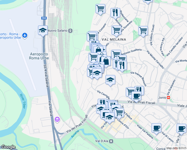map of restaurants, bars, coffee shops, grocery stores, and more near 79 Via Vaglia in Roma
