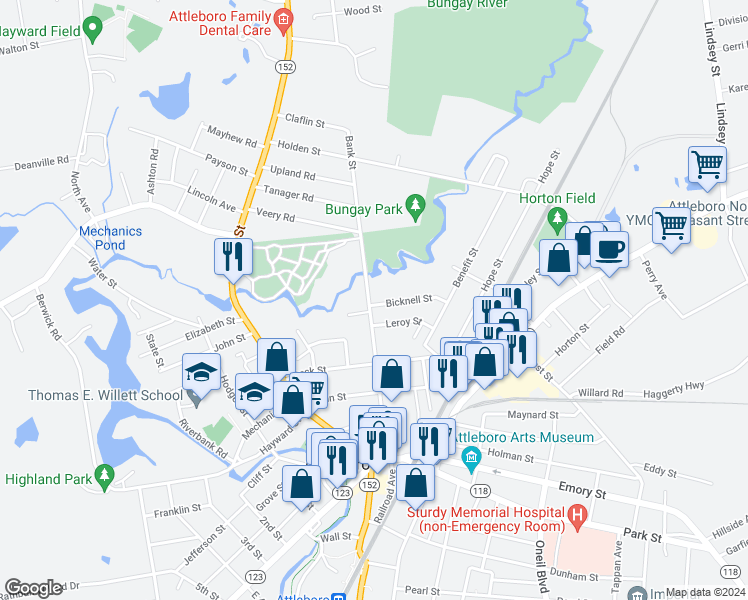 map of restaurants, bars, coffee shops, grocery stores, and more near 166 Bank Street in Attleboro