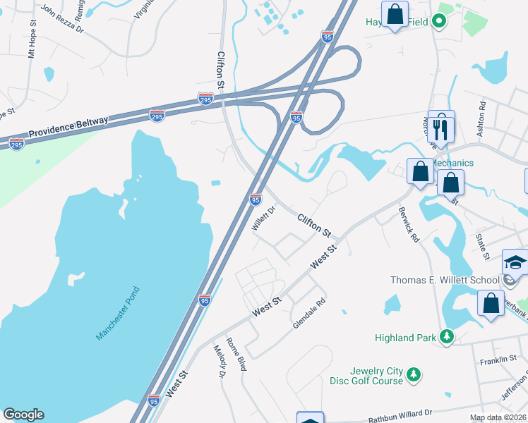 map of restaurants, bars, coffee shops, grocery stores, and more near 1 Willett Drive in Attleboro