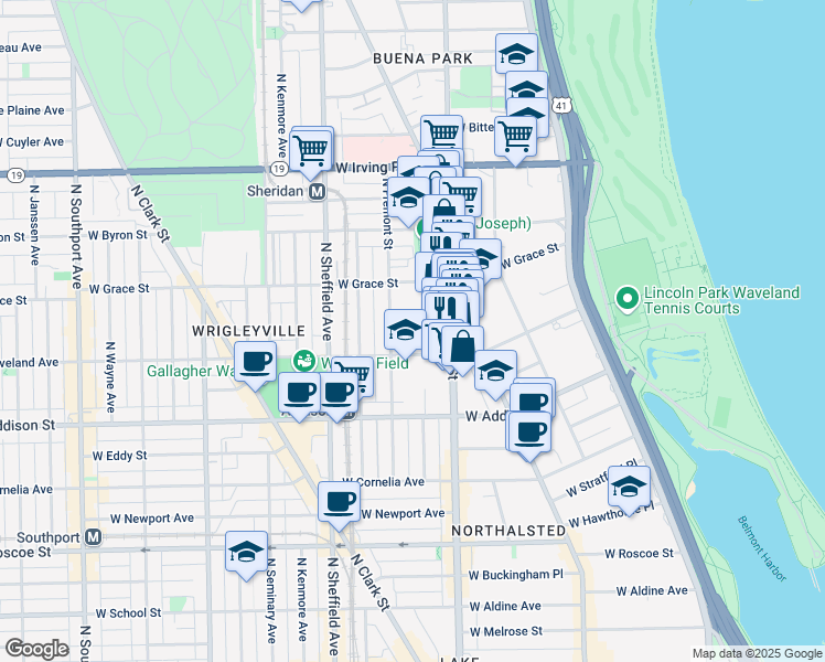map of restaurants, bars, coffee shops, grocery stores, and more near 830 West Bradley Place in Chicago