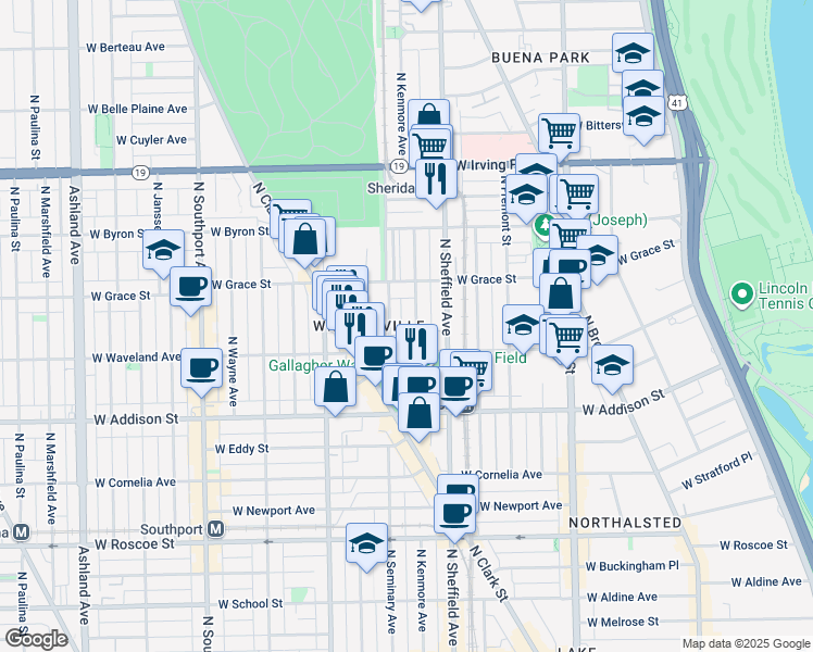 map of restaurants, bars, coffee shops, grocery stores, and more near 3751 North Kenmore Avenue in Chicago