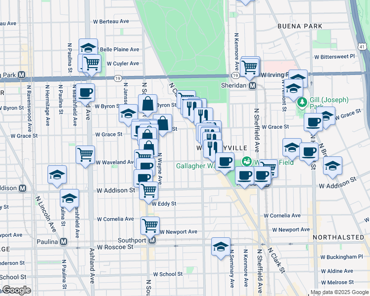 map of restaurants, bars, coffee shops, grocery stores, and more near 3753 North Magnolia Avenue in Chicago