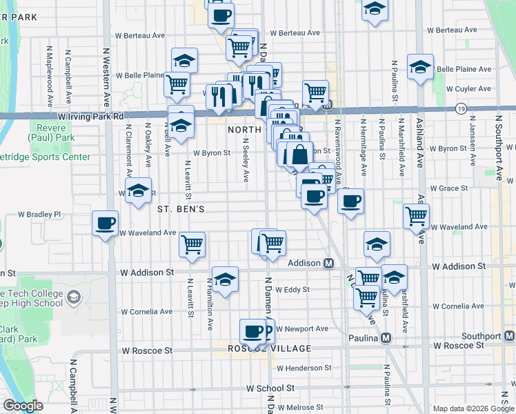 map of restaurants, bars, coffee shops, grocery stores, and more near 2018 West Grace Street in Chicago