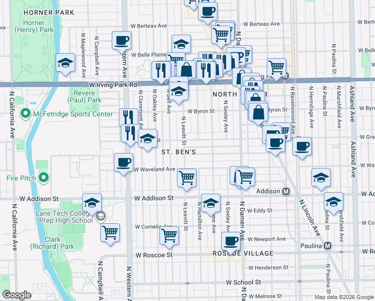 map of restaurants, bars, coffee shops, grocery stores, and more near 2130 West Grace Street in Chicago