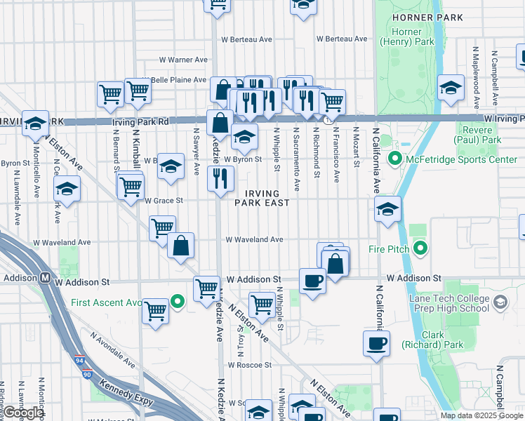 map of restaurants, bars, coffee shops, grocery stores, and more near 3046 West Grace Street in Chicago