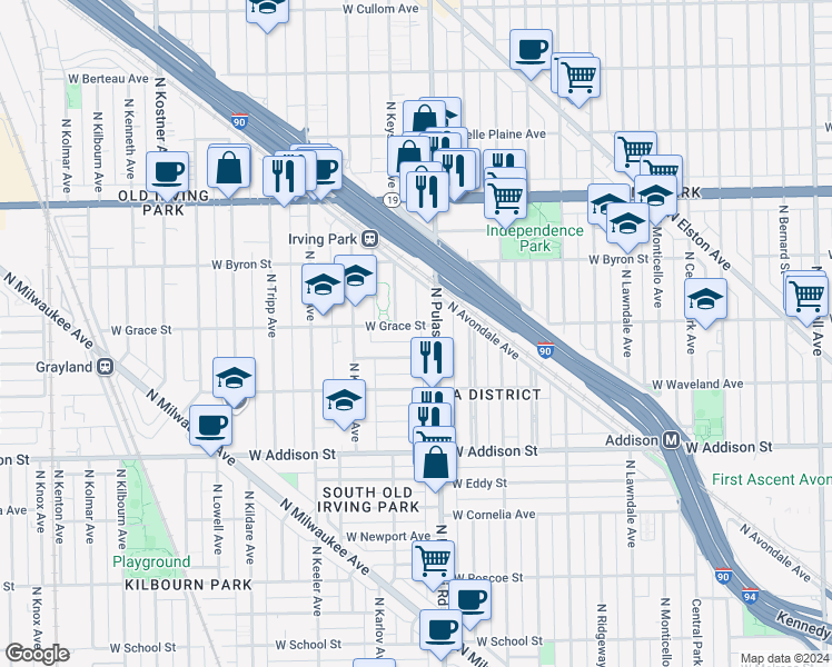 map of restaurants, bars, coffee shops, grocery stores, and more near 3817 North Keystone Avenue in Chicago