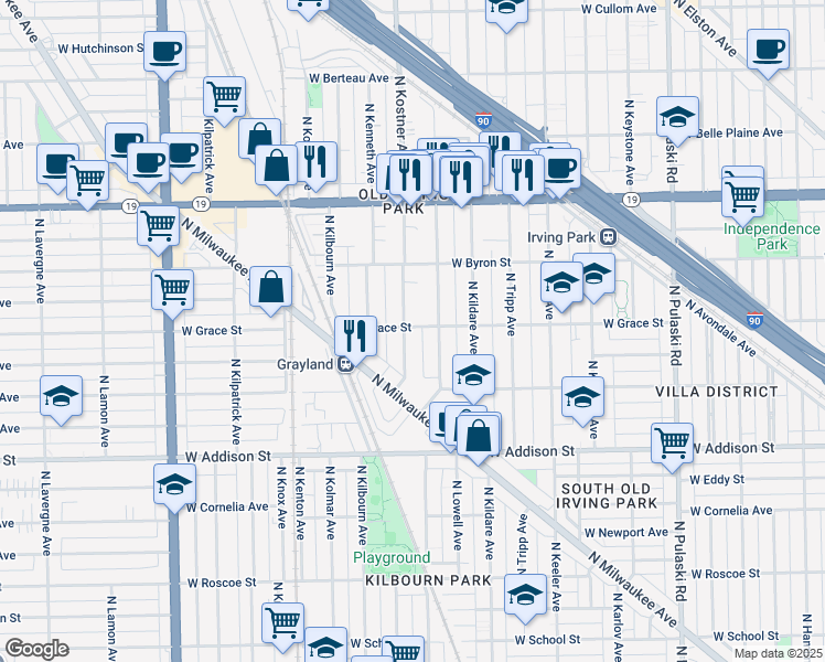 map of restaurants, bars, coffee shops, grocery stores, and more near 3821 North Kostner Avenue in Chicago