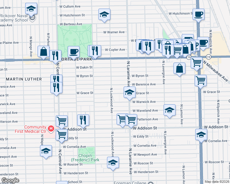 map of restaurants, bars, coffee shops, grocery stores, and more near 5249 West Berenice Avenue in Chicago