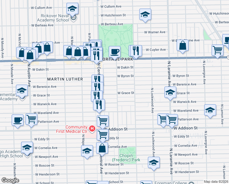 map of restaurants, bars, coffee shops, grocery stores, and more near 5510 West Berenice Avenue in Chicago