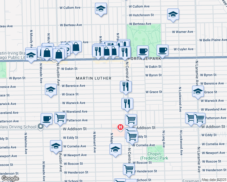 map of restaurants, bars, coffee shops, grocery stores, and more near 5700 West Berenice Avenue in Chicago