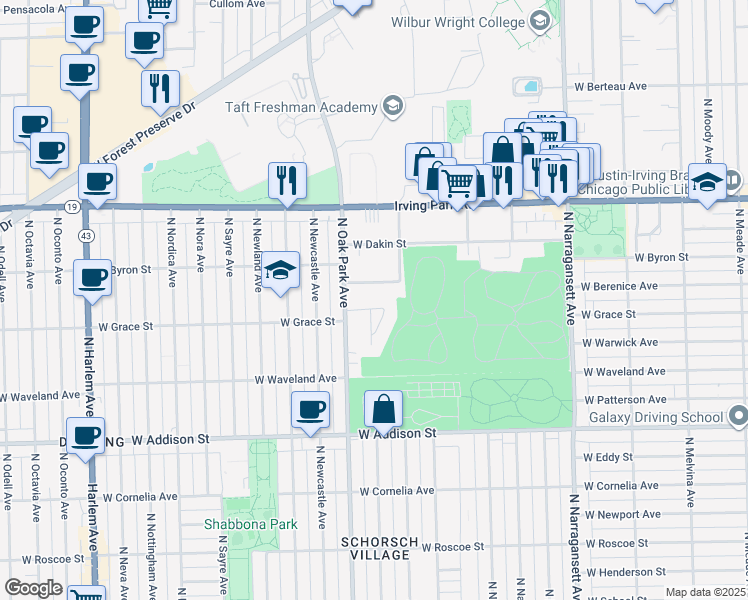 map of restaurants, bars, coffee shops, grocery stores, and more near 6728 West Byron Street in Chicago