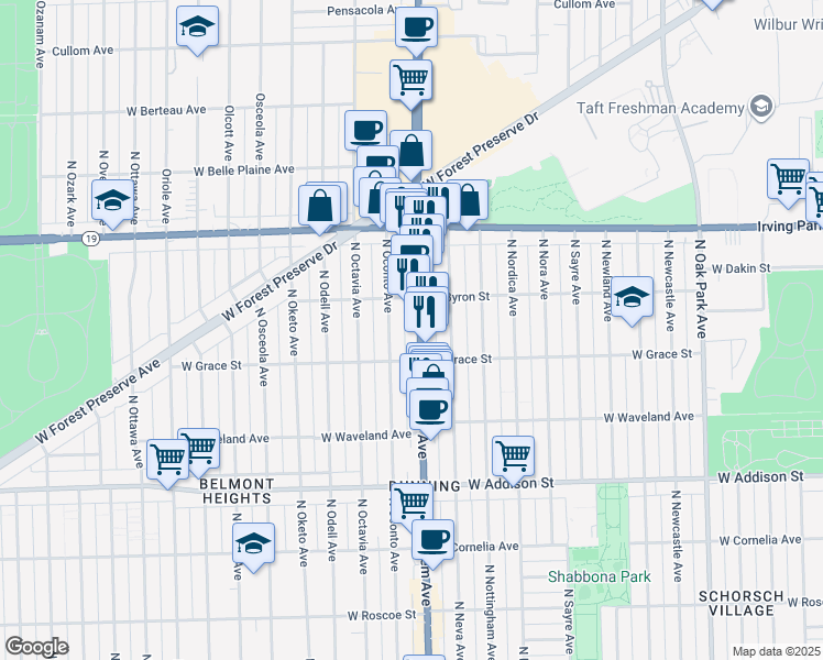 map of restaurants, bars, coffee shops, grocery stores, and more near 3857 North Harlem Avenue in Chicago