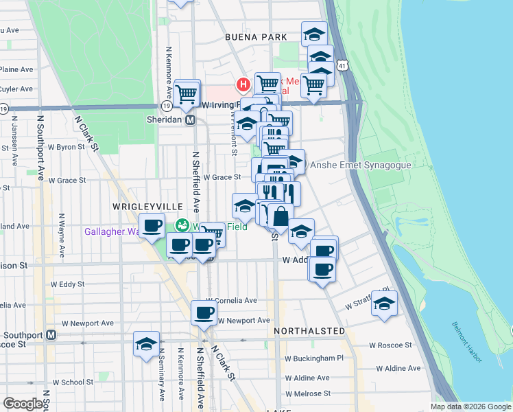 map of restaurants, bars, coffee shops, grocery stores, and more near 827 West Bradley Place in Chicago