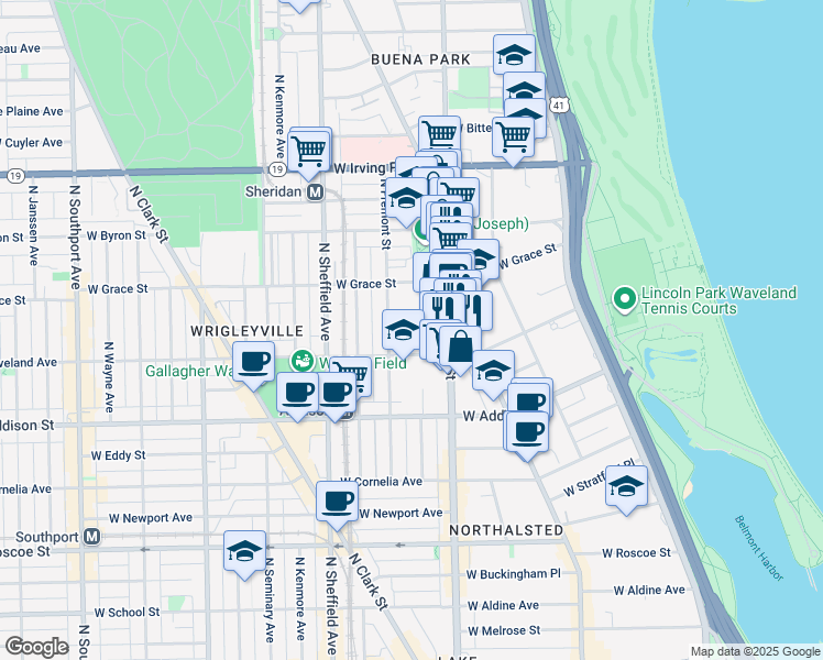 map of restaurants, bars, coffee shops, grocery stores, and more near 830 West Bradley Place in Chicago