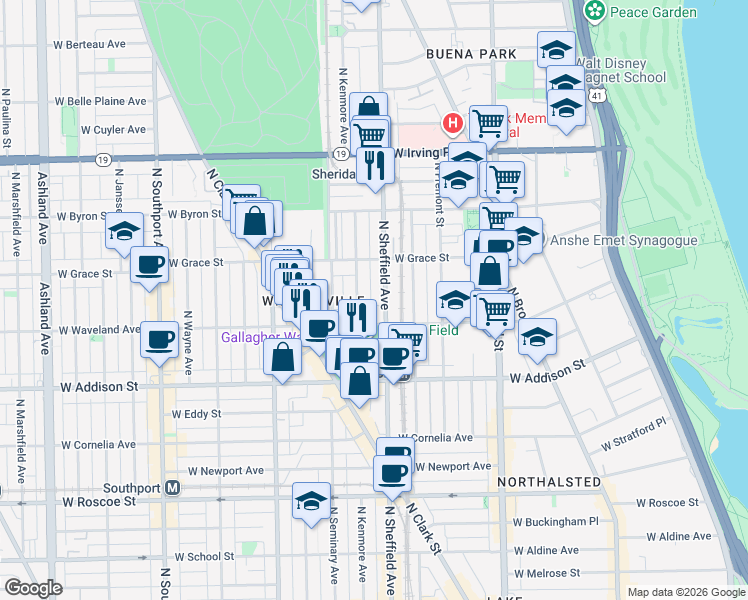 map of restaurants, bars, coffee shops, grocery stores, and more near 3722 North Sheffield Avenue in Chicago