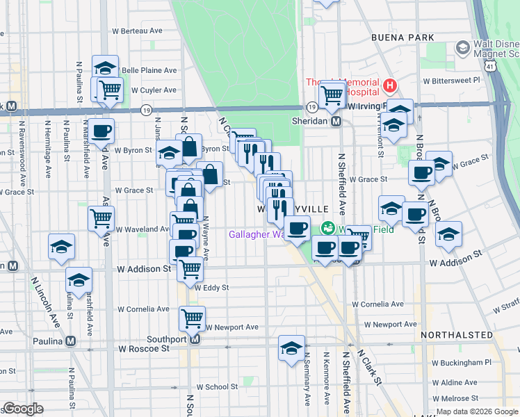 map of restaurants, bars, coffee shops, grocery stores, and more near 3753 North Magnolia Avenue in Chicago