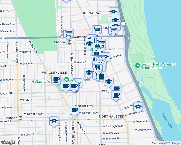 map of restaurants, bars, coffee shops, grocery stores, and more near 830 West Bradley Place in Chicago