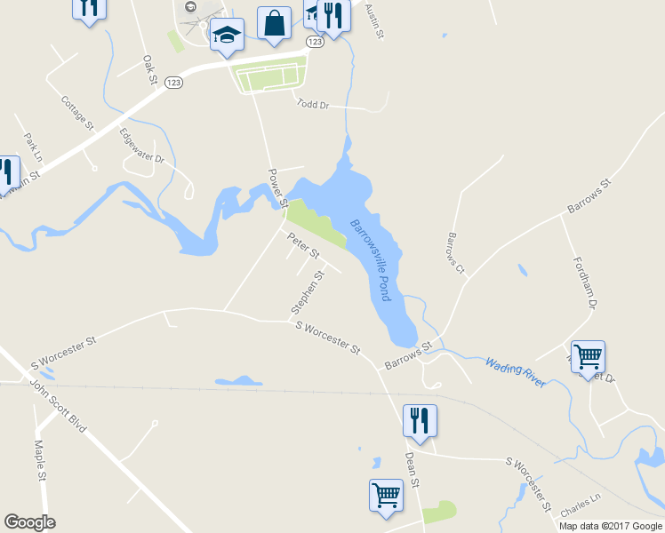 map of restaurants, bars, coffee shops, grocery stores, and more near 18 Peter Street in Norton