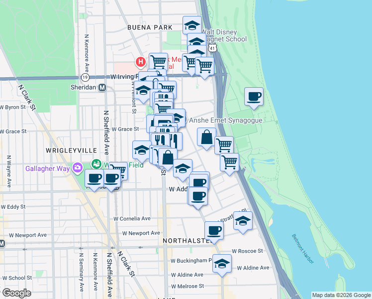 map of restaurants, bars, coffee shops, grocery stores, and more near 3738 North Pine Grove Avenue in Chicago