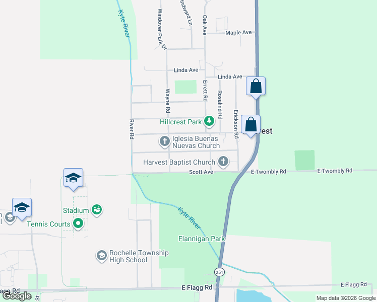 map of restaurants, bars, coffee shops, grocery stores, and more near 308 Hillcrest Avenue in Rochelle
