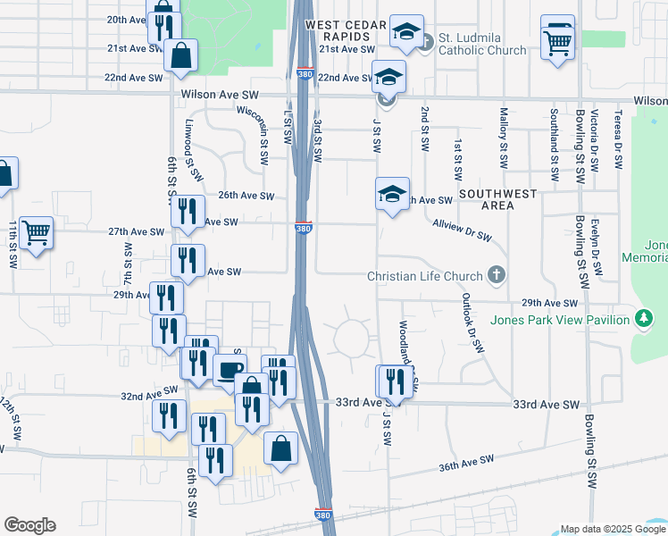 map of restaurants, bars, coffee shops, grocery stores, and more near 288 28th Avenue Southwest in Cedar Rapids