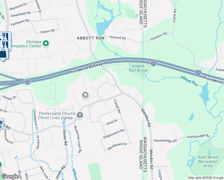 map of restaurants, bars, coffee shops, grocery stores, and more near 14 Apple Ridge Road in Cumberland
