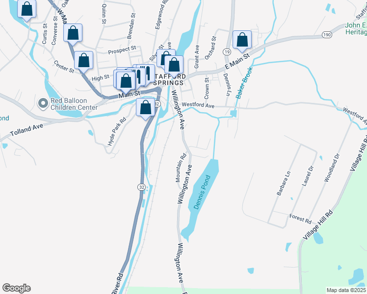 map of restaurants, bars, coffee shops, grocery stores, and more near 47 Willington Avenue in Stafford
