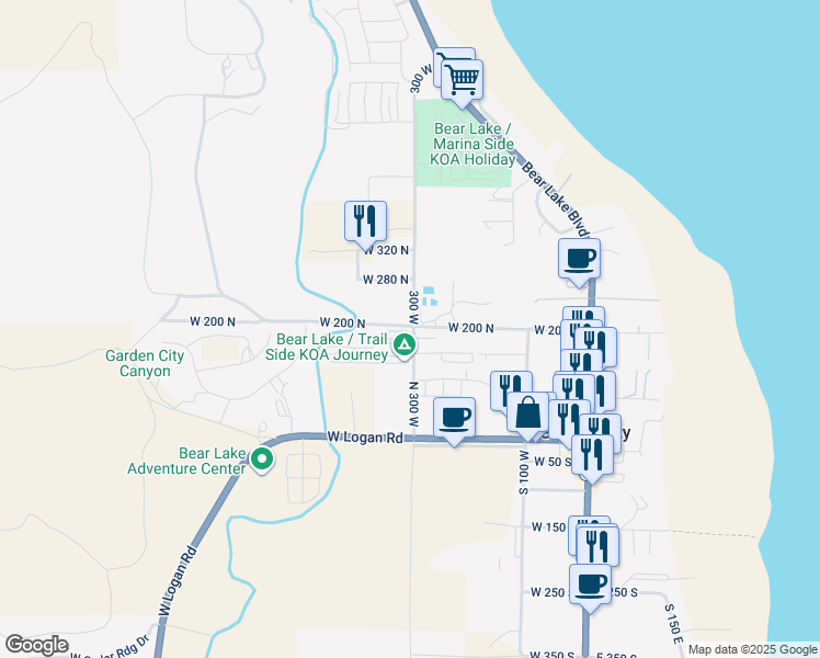 map of restaurants, bars, coffee shops, grocery stores, and more near 199 North 300 West in Garden City