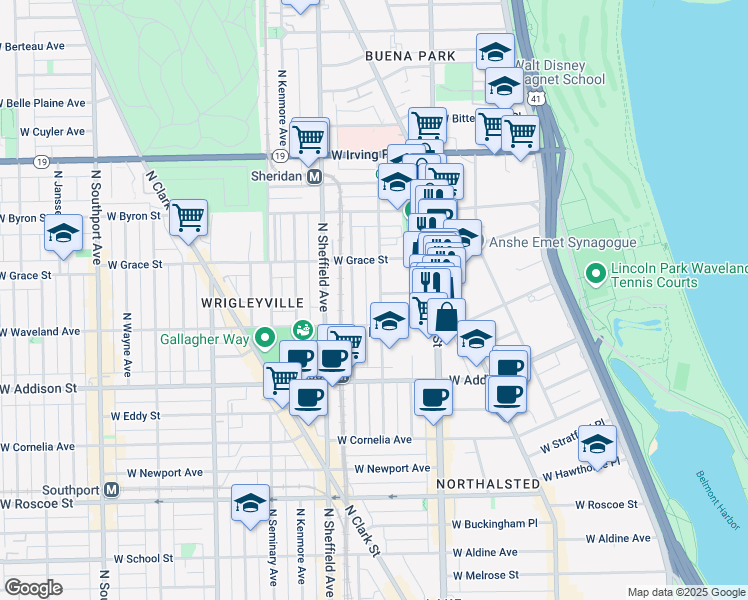map of restaurants, bars, coffee shops, grocery stores, and more near 3724 North Fremont Street in Chicago